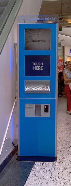 This 2 metre tall kiosk, comes with lower interactive 19'' display and a second, higher passive 19'' display for advertising purposes. At the rear of the unit a large passive of interactive third screen could replace the static advertisment area.